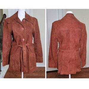 Vintage 70s Belted Suede Leather Jacket Women 10 Brown Top Stitch Western Boho